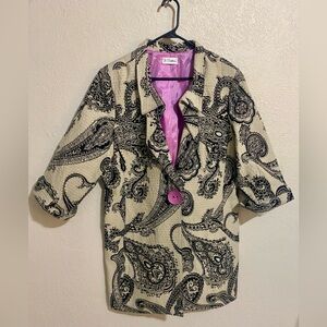 3 Sisters Trench Jacket 3/4 Sleeve Beige & Black Paisley with Pink/Purple Lining